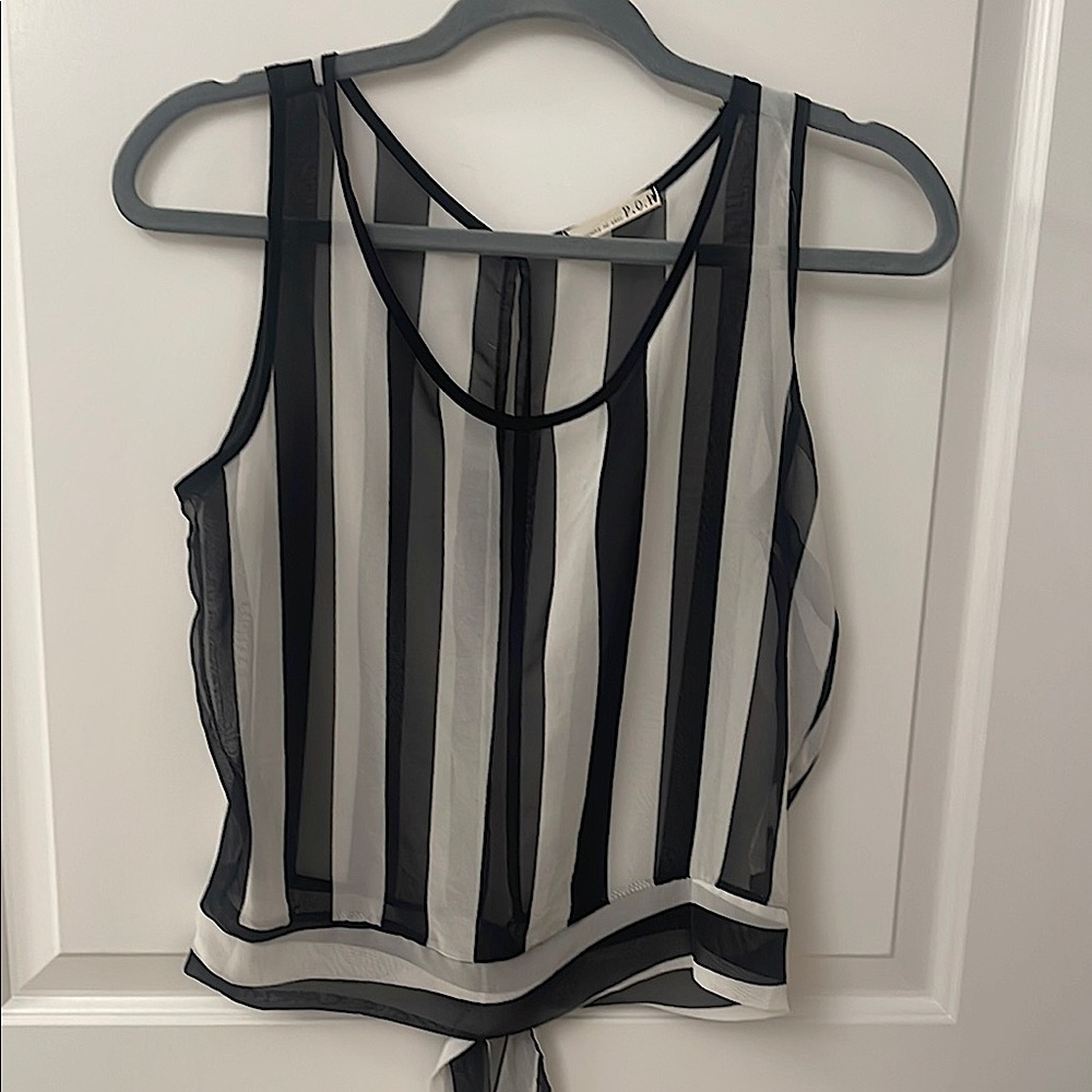 Philosophy of Paek POP Black and White Sheer Tie BackCrop Tank Top/ stripe